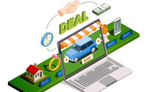 Auction isometric composition with laptop computer screen and images of items put up for online auction vector illustration